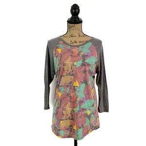 LulaRoe Womens sz L Randy T Shirt Multicolor Leaf Geometric Print Raglan Sleeve